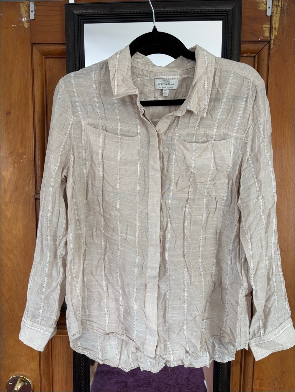 Lucky Brand Women's Large Cream Ivory Textured Button Front Long Sleeve Shirt L